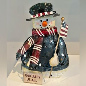 Patriotic Christmas Snowman Hammered Metal Tea Light Candle Votive Holder